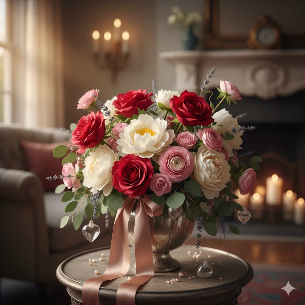 Romantiskt blomarrangemang för kärlek och romantik